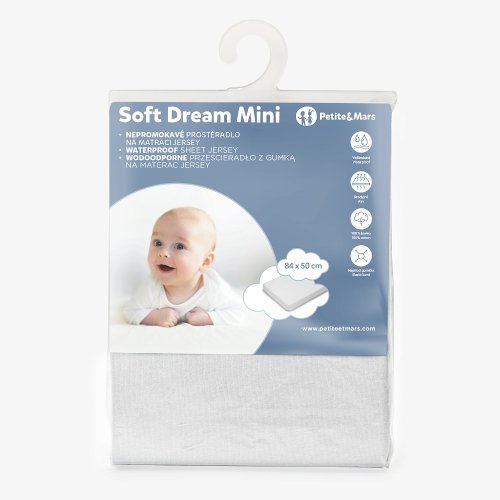 PETITE&MARS Wodoodporne prześcieradło z gumką do małego łóżeczka Soft Dream Mini 84x50 Białe