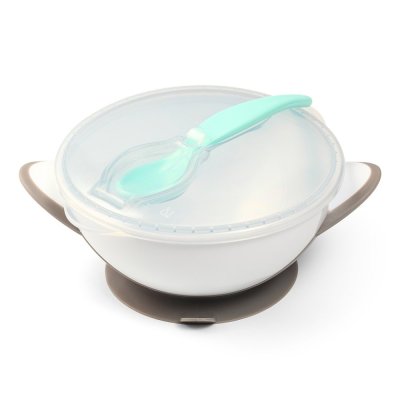 BABYONO Zamykana miska z przyssawką i łyżeczką 300 ml szara