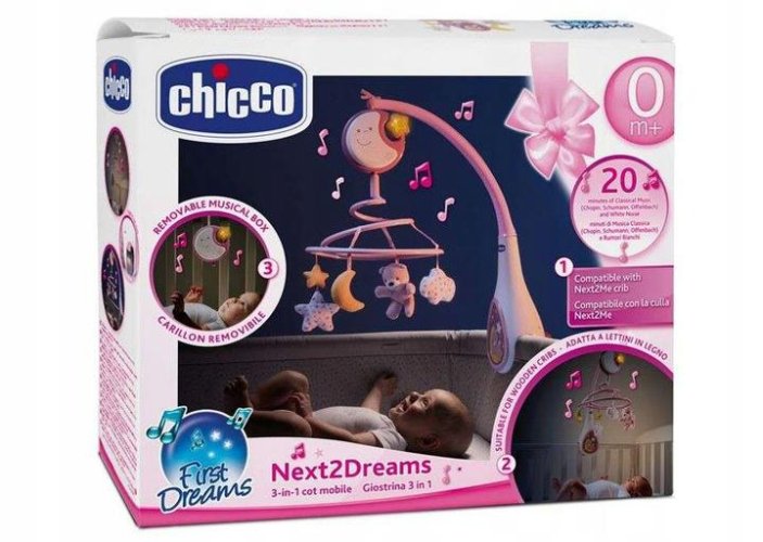 CHICCO Carusel peste pătuț și jucărie suspendată 3 în 1 Next2Dreams roz 0m+
