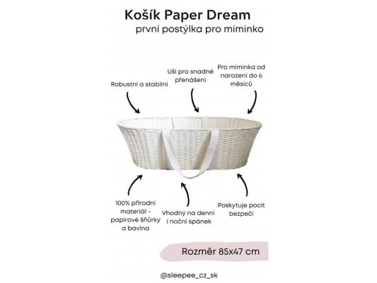 AHOJBABY Kosz Mojżesza dla niemowląt Paper Dream white + materac Airdream