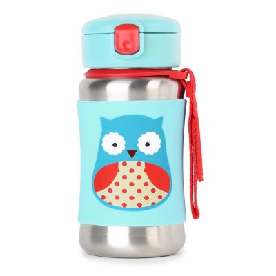 SKIP HOP Zoo Trinkflasche mit Strohhalm aus Edelstahl Eule 12m+