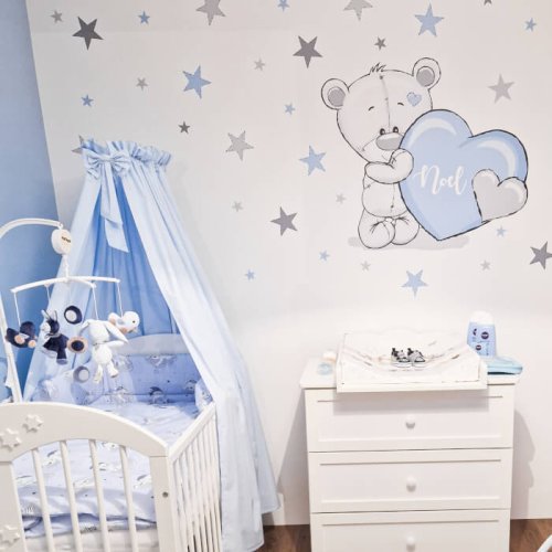 Stickers voor kinderkamer - Teddybeer met sterren in blauwe kleur