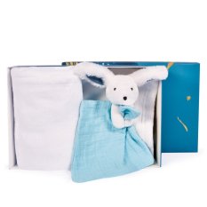 Doudou Geschenkset Glücklicher Hase Plaid und blaues Schmusetuch
