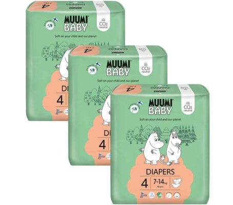 MUUMI Baby 4 Maxi 7-14 kg (138 szt.), miesięczne opakowanie eko pieluszek