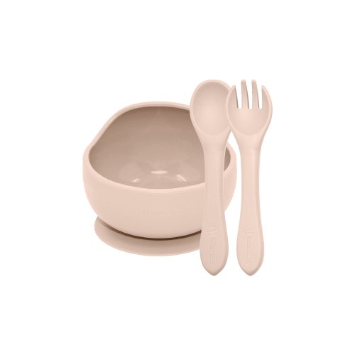 PETITE&MARS Set da pranzo in silicone TAKE&MATCH 2 pezzi ciotola + posate Desert Sand 6m+