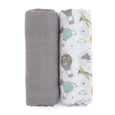 PETITE&MARS Bambus-Musselin-Decke 2 Stk. Misty Grey Planes 2in1, 120 x 120 cm