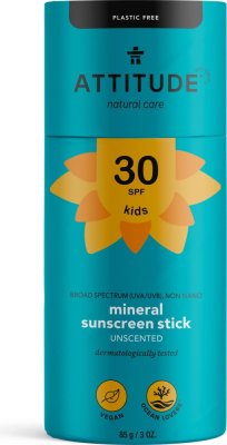 ATTITUDE Детски 100% минерален защитен бар за цяло тяло (SPF 30) без аромат 85 g