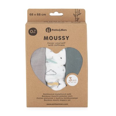 PETITE&MARS Sada plen bambusová mušelínová 3ks Moussy Grey Planes, 68 x 68 cm