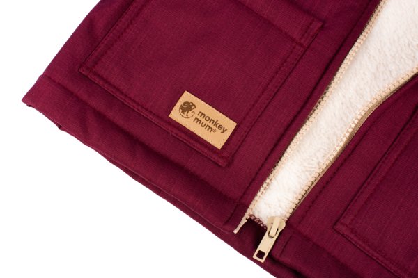 Detská zimná softshellová bunda s baránkom Monkey Mum® - Vínová čiapočka