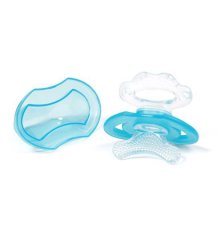 BABYONO BPA-free silicone teether in the shape of a pacifier with a blue cover 3m+