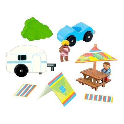 Jeujura Figurines en bois pour jeux de construction Vacances au camping 8 pièces