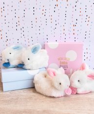 Doudou Geschenkset - Set mit Babyschuhen mit Rassel Häschen Rosa 0-6 Monate