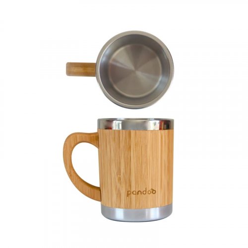 Taza de café y té de acero inoxidable de doble pared con superficie de bambú, 280 ml