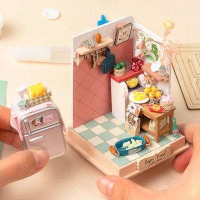 RoboTime Puzzle 3D de madeira Miniatura de casa de bonecas Cozinha cheia de sabores