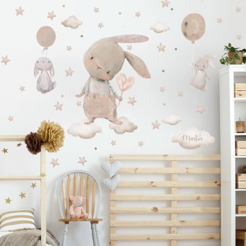 Aufkleber für Kinder - Hasen mit Sternen, Luftballons und Namen