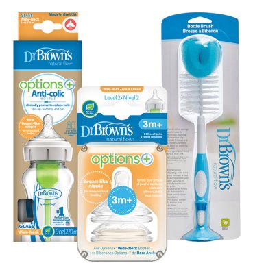 DR.BROWN’S Babyflasche Glas 270ml + Sauger Ersatz für Flasche Level-2 2Stk + Flaschenbürste blau