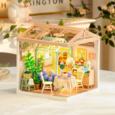 RoboTime 3D lesena sestavljanka Miniatura hiške Sedenje ob čaju v cvetočem vrtu
