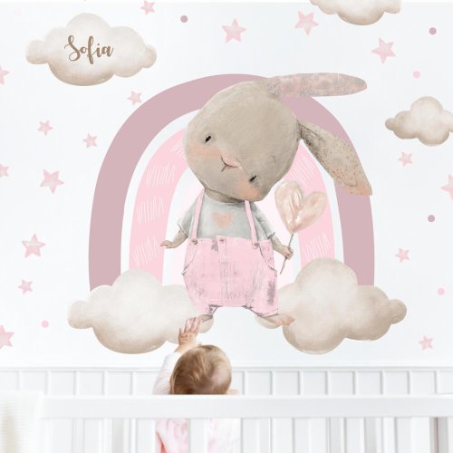 Sticker amovible au dessus du lit pour petite fille - Lapin avec un arc-en-ciel rose