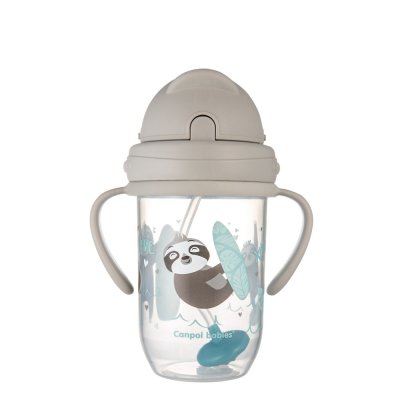 CANPOL BABIES Kubek niekapiący ze słomką i ciężarkiem Zwierzęta egzotyczne 270 ml szary, 6m+