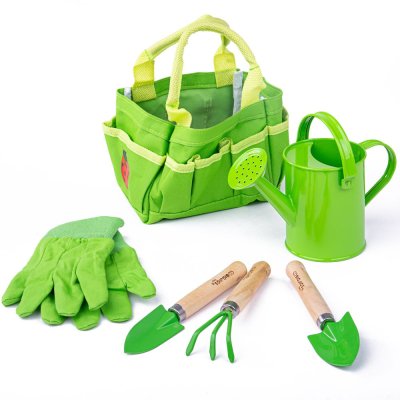 Bigjigs Toys Gartengeräte-Set im grünen Stoffbeutel