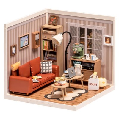 RoboTime 3D Holzpuzzle Miniatur Puppenhaus Gemütliches Wohnzimmer