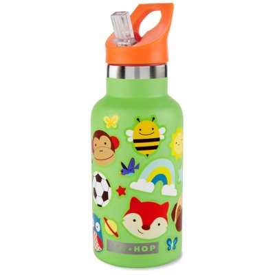 SKIP HOP Trinkflasche mit Strohhalm und Aufklebern, Edelstahl, grün, 380 ml, 4 Jahre+