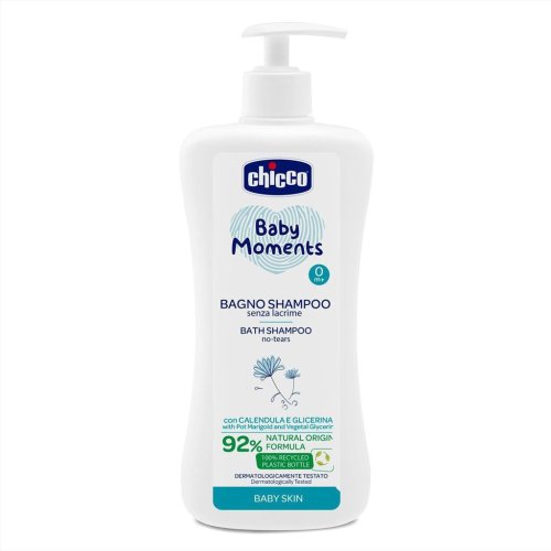 CHICCO Shampoo para cabelo e corpo com dispensador Baby Moments 92% ingredientes naturais 750 ml