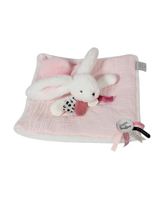 Doudou Zestaw prezentowy różowy - króliczek z kwadratowym kocykiem 25 cm