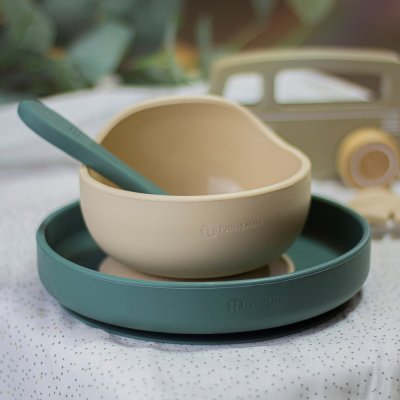 PETITE&MARS Conjunto de jantar silicone TAKE&MATCH 4 pcs Desert Sand - Misty Green 6m+