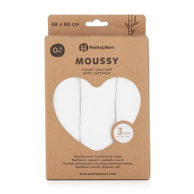 PETITE&MARS Sada plen bambusová mušelínová 3ks Moussy Total White, 68 x 68 cm