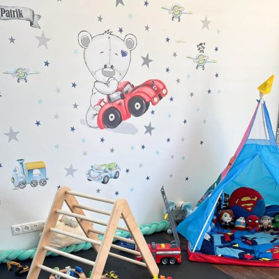 Wall sticker with a name - Teddy bear with a red car