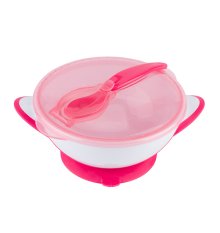 BABYONO Zdjelica koja se može zatvoriti s vakuumskom čašicom i žličicom 300 ml roza 6m+