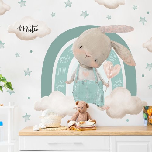 Sticker mural pour chambre d'enfant - Lapin avec arc-en-ciel et prénom