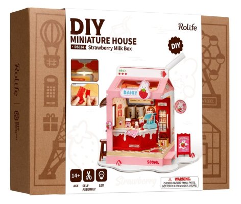 Puzzle 3D en bois RoboTime, miniature de maison, bar à lait Fraise