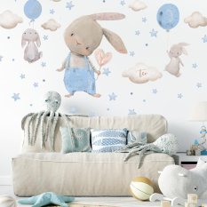 Muurstickers - Lichtblauwe stickers met konijntjes en sterren