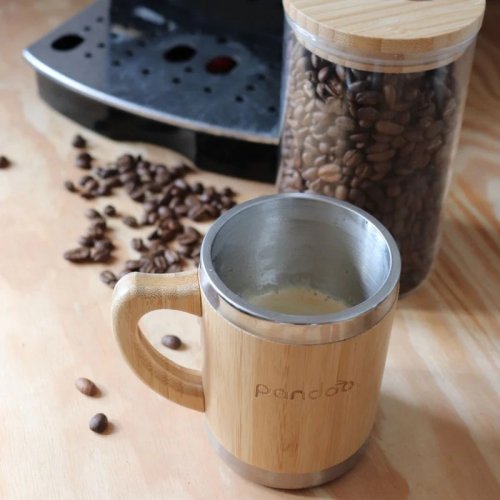 Taza de café y té de acero inoxidable de doble pared con superficie de bambú, 280 ml