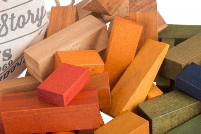 Wooden Story Cubi in sacchetto di cotone XL - 50 pezzi - Arcobaleno