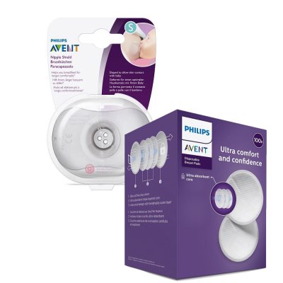 Philips AVENT Tepelbeschermer - klein 2 stuks + steriele doos + Wegwerpborstkompressen 100 stuks