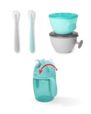 SKIP HOP Ess-Set mit Tasse, 5-teilig, Easy-Feed Mealtime Set, Blaugrün/Grau, ab 6 Monaten