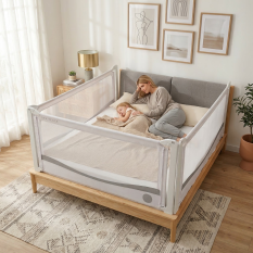 Barierka do łóżka Monkey Mum® Premium – 140 cm – jasnoszara – rozpakowana