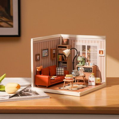 RoboTime 3D Holzpuzzle Miniatur Puppenhaus Gemütliches Wohnzimmer