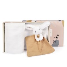 Doudou Coffret cadeau Joyeux Lapin plaid et lange beige