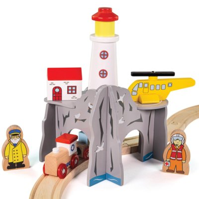 Bigjigs Rail Tunnel mit Leuchtturm und Hubschrauberlandeplatz