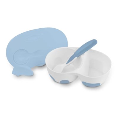 BABYONO Bol 2 en 1 fermable, avec cuillère 200+150 ml bleu 6m+