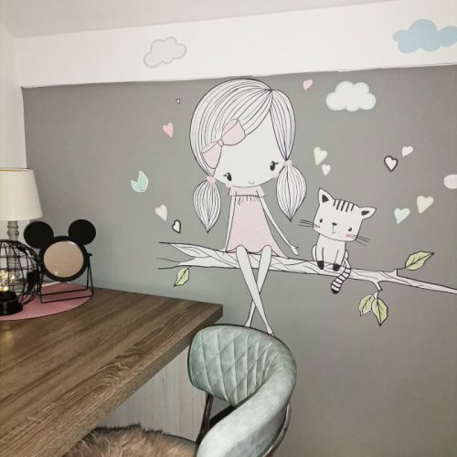 Kindermuurstickers - INSPIO fee op tak met kat in roze design