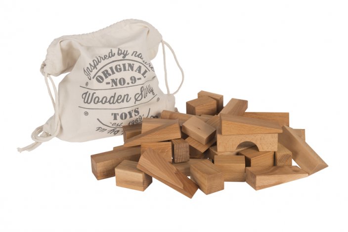 Wooden Story Blokjes in katoenen zak XL - 50 stuks - Natuurlijk