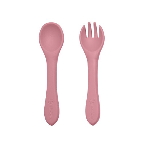 PETITE&MARS Juego de comedor silicona TAKE&MATCH 2 piezas plato + cubiertos Dusty Rose 6m+