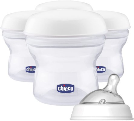 CHICCO Mehrzweckbehälter für Muttermilch mit Flaschenaufsatz Natural Feeling, 4 Stk