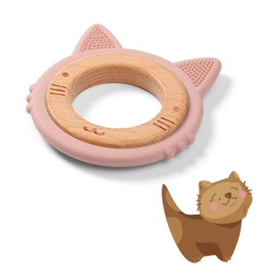 BABYONO Drewniano-silikonowy gryzak Kotek