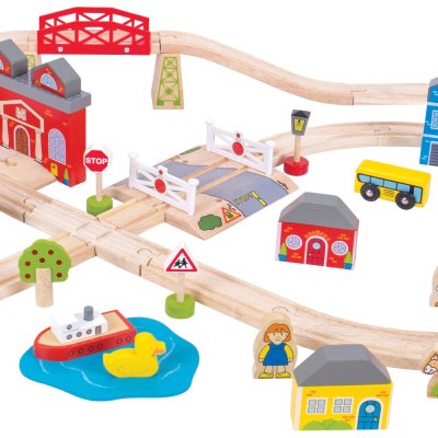 Bigjigs Rail Caminho de Ferro de Madeira Cidade e Aldeia 91 Peças